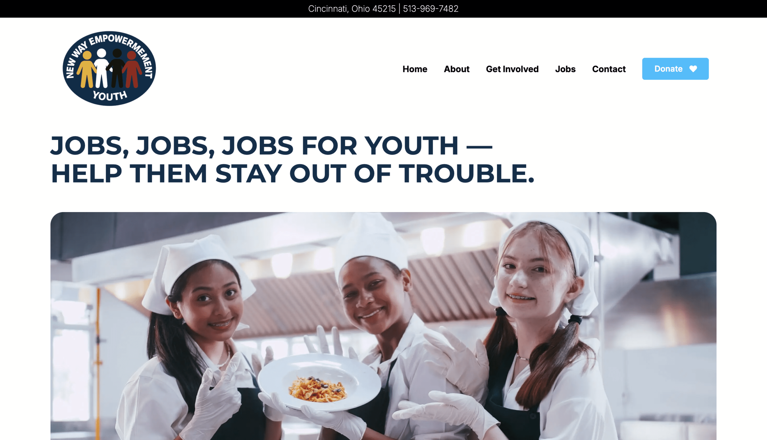 Website homepage created for youth empowerment nonprofit focused on job training and employment programs
