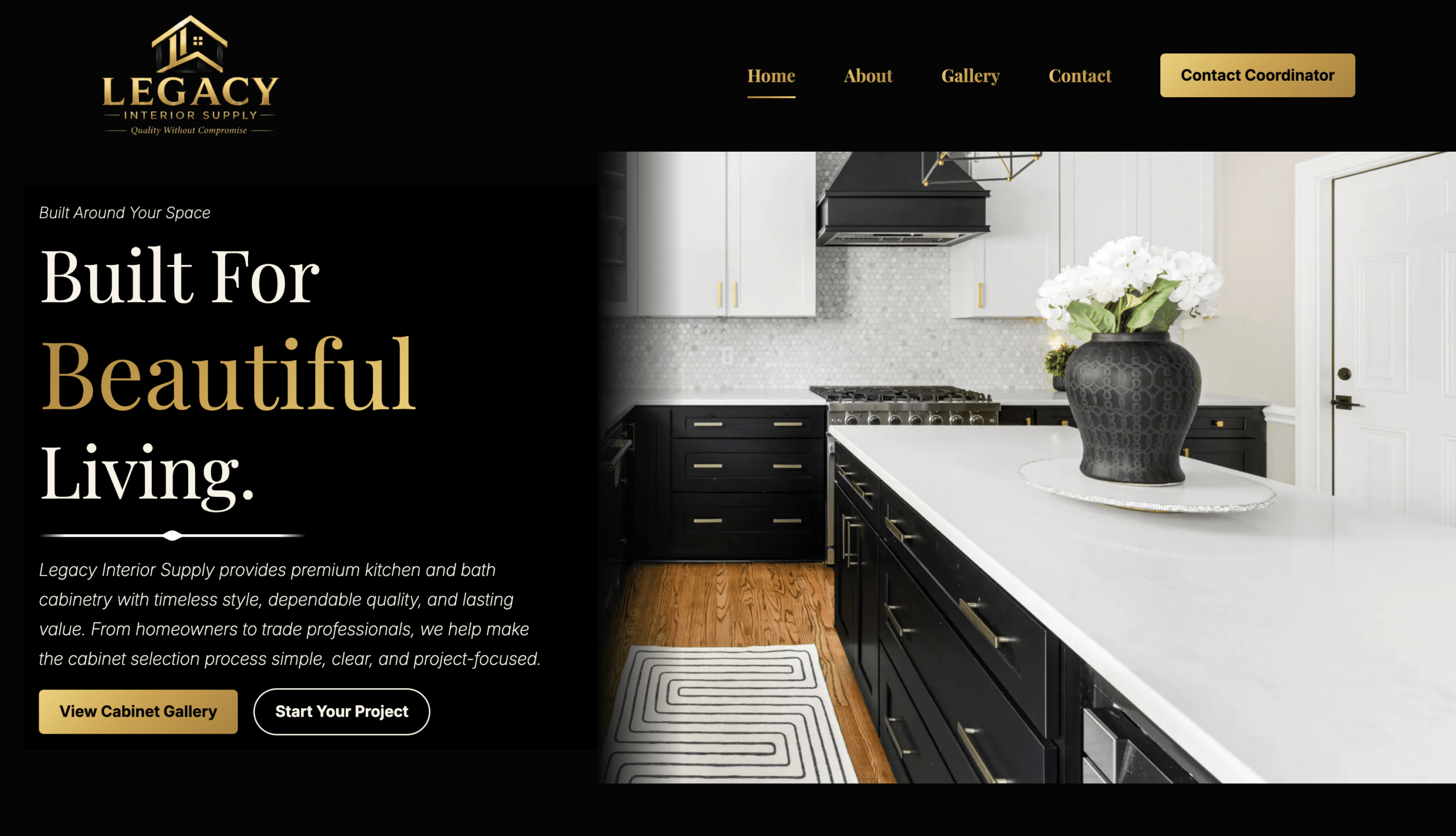 Custom website design for Legacy Interior Supply, featuring a luxury black-and-gold kitchen cabinetry homepage with modern navigation, project calls-to-action, and premium interior imagery.